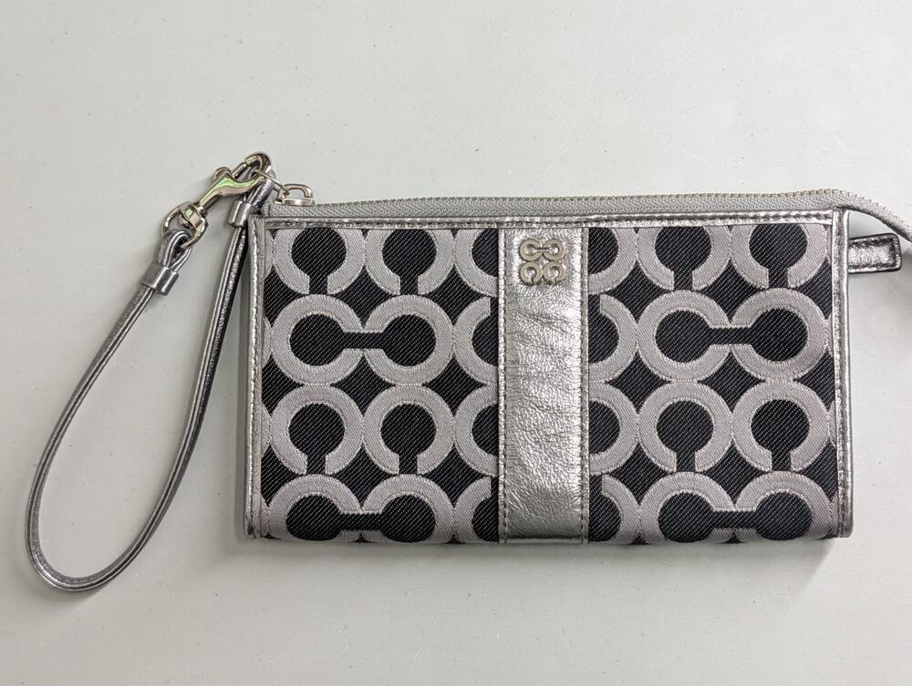 COACH Julia Op Art Legacy Silver Black Clutch Wallet Large Wristlet